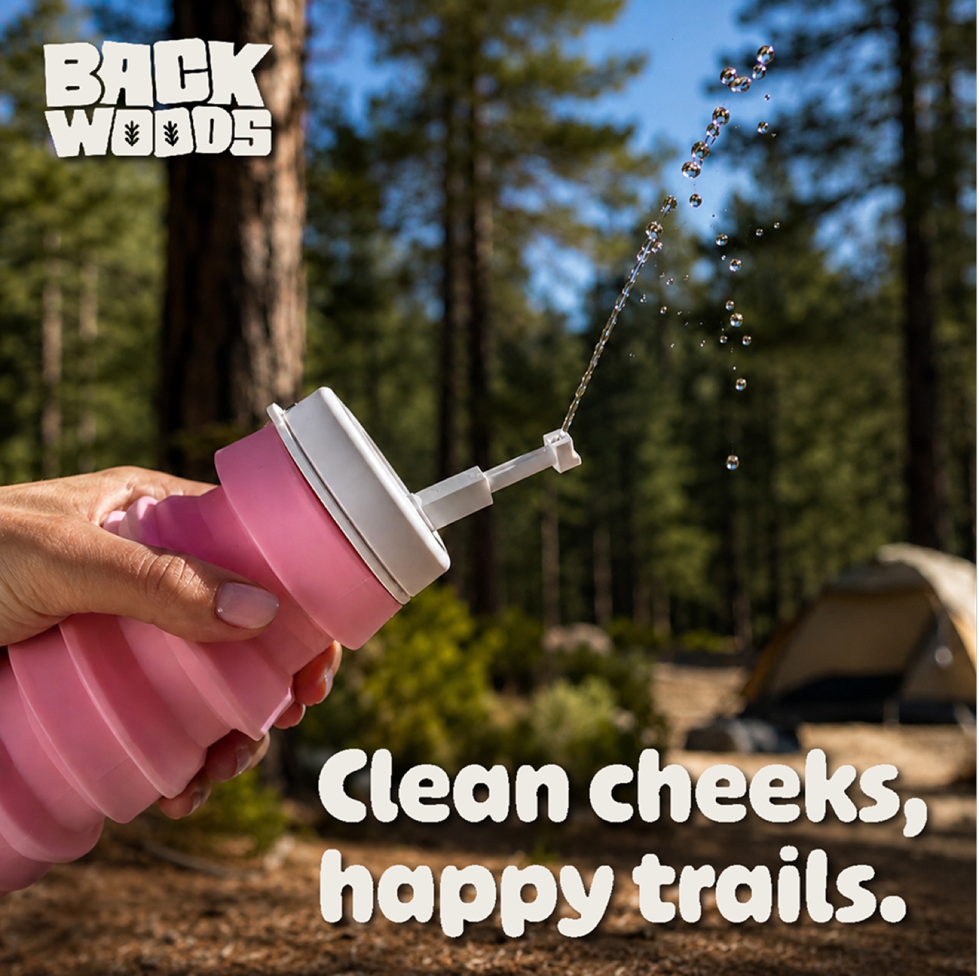 Backwoods travel bidet Cleen Cheeks Happy Trails square static ad