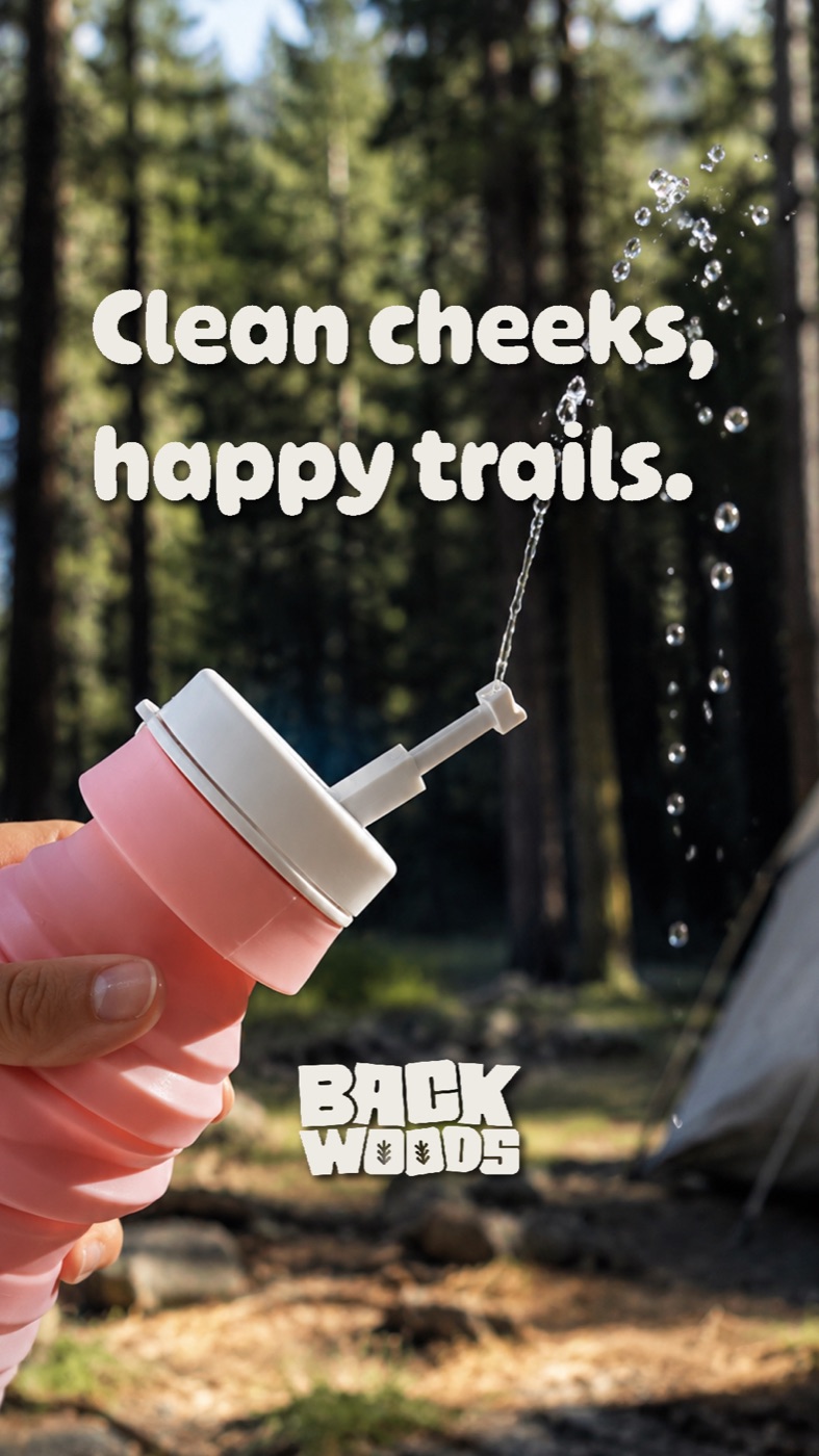 Backwoods travel bidet Cleen Cheeks Happy Trails vertical static ad