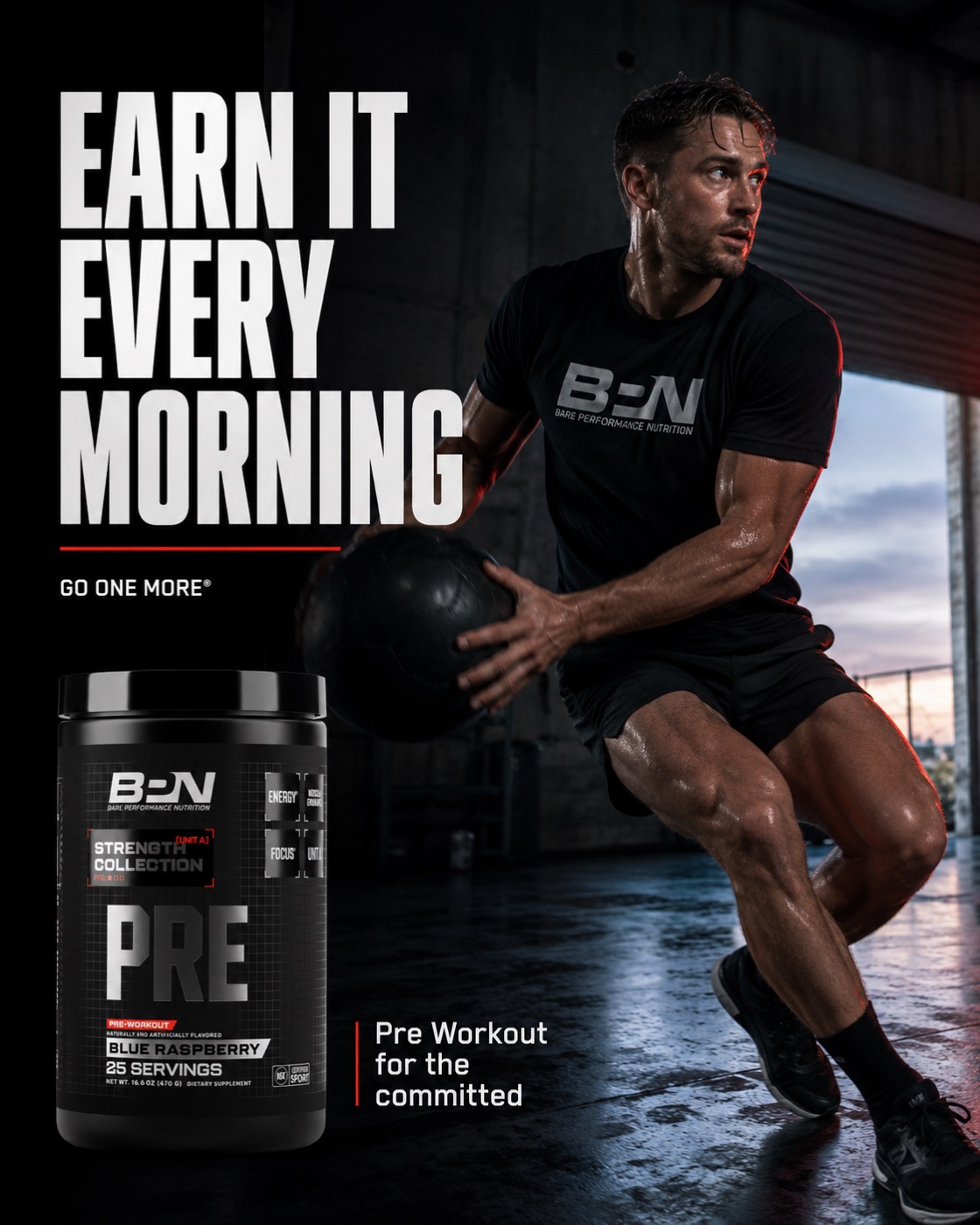 Blue raspberry pre-workout supplement gym workout lifestyle static ad