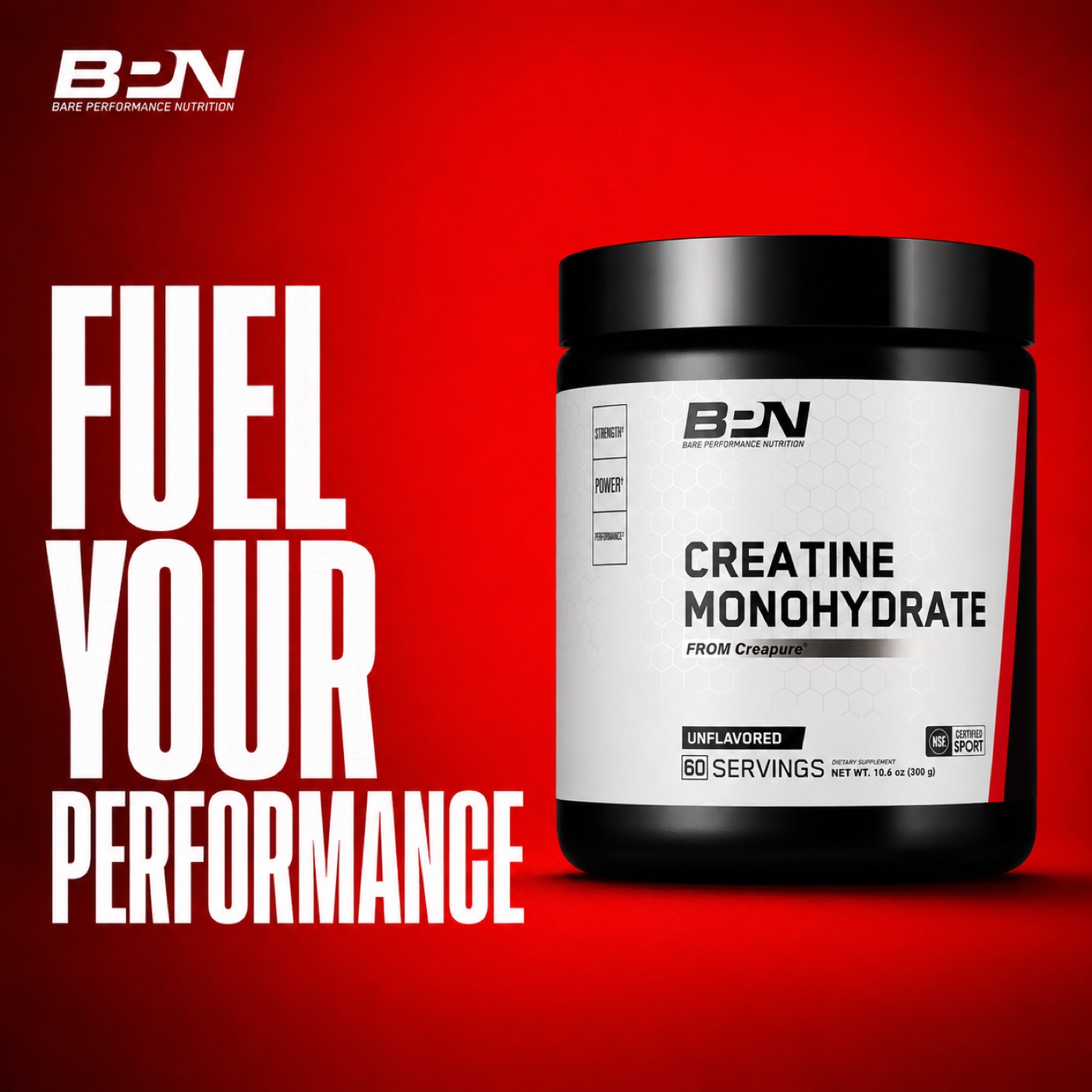 Pre-workout supplement Fuel Your Performance hero on color static ad