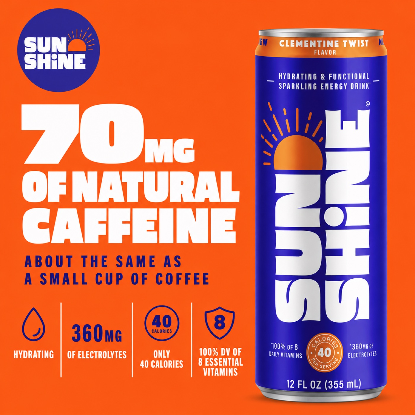 Sunshine sparkling energy drink 70mg natural caffeine infographic static ad
